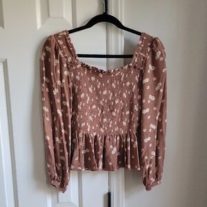 Altar'd State Floral Smocked Tan Blouse